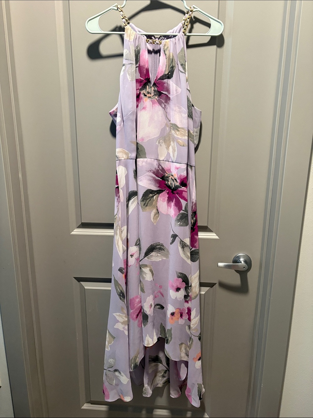 WHBM Size 14 Lavender Floral High Low Chain Neck Wedding Guest Dress
